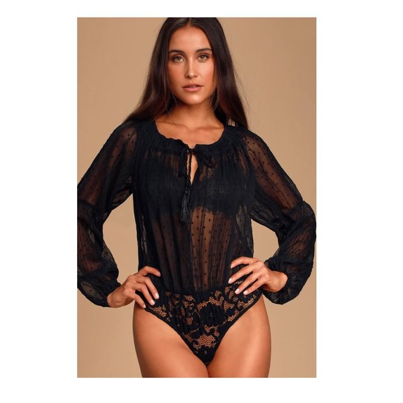 Lulus Tops - Lulu's Brookdale Black Sheer Swiss Dot Bodysuit